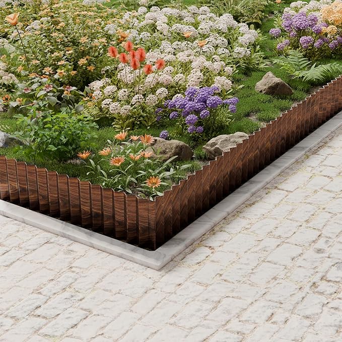 SnugNiture Corrugated Metal Garden Edging,6" x 50' Sturdy Lawn Edging Border,Landscape Edging Border for Lawn, Flower Bed,Garden and Yard(Brown with White)