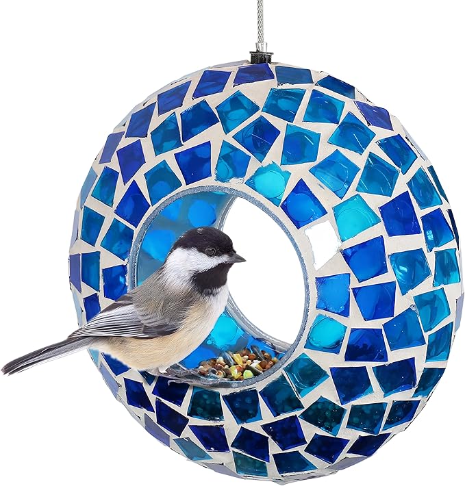 Sunnydaze 6-Inch Glass Mosaic Hanging Bird Feeder for Outdoors - Fly-Through Glass Bird Feeder for Cardinals, Jays, Finches and More - Blue Mosaic