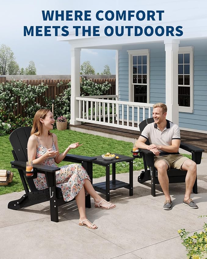 GarveeLife Folding Adirondack Chair Set of 2 with Side Table, All-Weather HDPE Outdoor Chair, Wooden Textured with Cup Holder for patios, Decks, Gardens, fire pits, Black