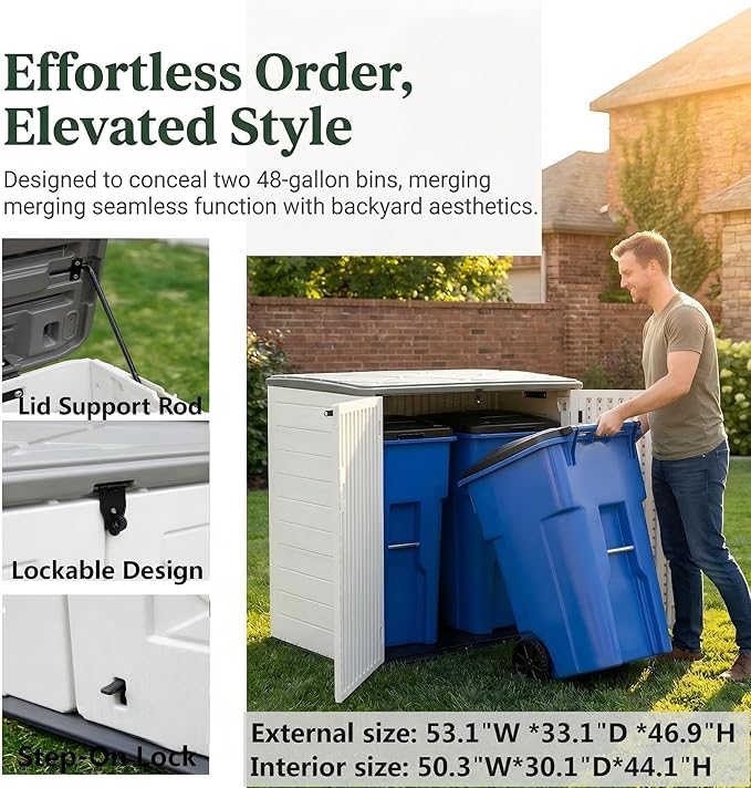 Outdoor Storage Shed, 38 Cu. Ft Weatherproof Cabinet, Horizontal Storage Box for Backyard, Patio, Pool, Garden, No Shelf Included (White)