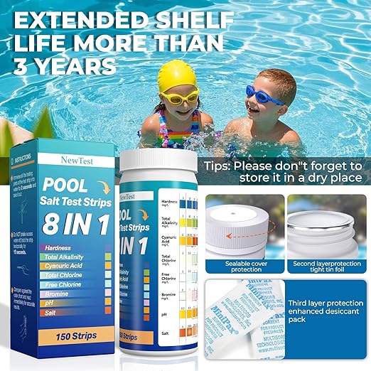 Pool Salt Test Strips: 150CT 8 in 1 Professional Pool Test Strips for Salt Water Pool & Hot Tub & Spa & Swimming Inground Pools - Quick Accurate Results Saltwater Pool Testing Kit
