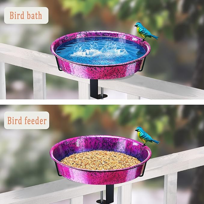 Metal Deck Bird Bath for Balcony Railing, Metallic Purple & Blue 11.5” Bathing Bowl & Feeder with Adjustable Steel Clamp Outdoor Garden Decor Yard Art (0.7 Gallon)