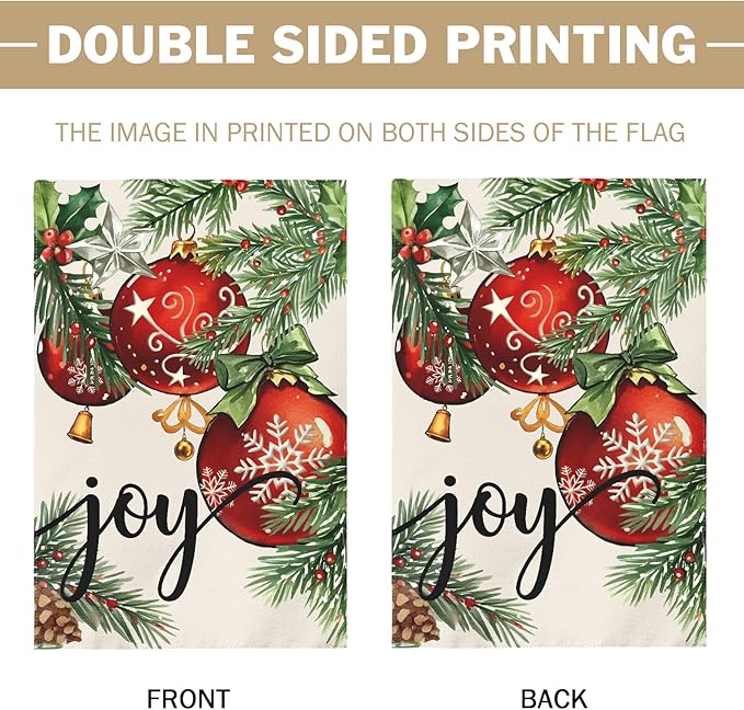 Christmas Garden Flag 12x18 Inch Green Leaves Red Xmas Ball Joy Holiday Winter Decorative Yard Flags for Outside Double Sided Seasonal Outdoor Home Farmhouse Decoration Porch New Year Decor
