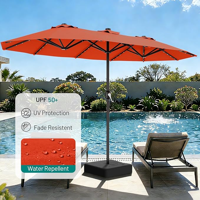 AreShark 13 FT Patio Umbrella with Solar Lights, Double-Sided Outdoor Table Umbrellas with Crank, Large Rectangular Market Umbrella for Porch, Lawn, Pool, Backyard, Orange