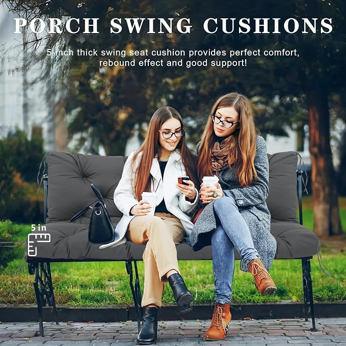 Porch Swing Cushions Outdoor, 5 Inch Thick Waterproof 2-3 Seater Replacement Swing Cushion with Backrest and Anti-Slip Ties, Perfect for Porch, Patio, Garden, Outdoor Bench Furniture, 40×40×5 Inch