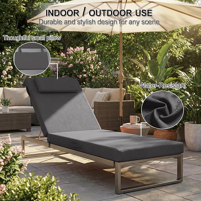 Outdoor Chaise Lounge Cushions, 72x21 Inch Olefin Water & Fade Resistant Pool Lounge Chair Cushions, Patio Sun Lounger Pad with Pillow & Straps for Patio, Pool, Deck, Lawn, Dark Gray