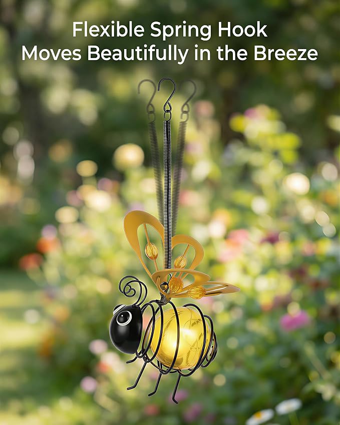 Solar Hanging Bee Light – Outdoor Metal Garden Decor with LED Glow, Yellow Glass Body – Waterproof Solar Powered Insect Ornament for Yard, Tree, Porch, Patio Outdoor Lighted Holiday Displays (4 Pack)
