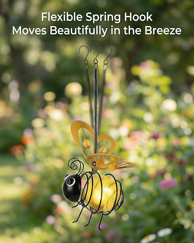 Solar Hanging Bee Light – Outdoor Metal Garden Decor with LED Glow, Yellow Glass Body – Waterproof Solar Powered Insect Ornament for Yard, Tree, Porch, Patio Outdoor Lighted Holiday Displays (2 Pack)