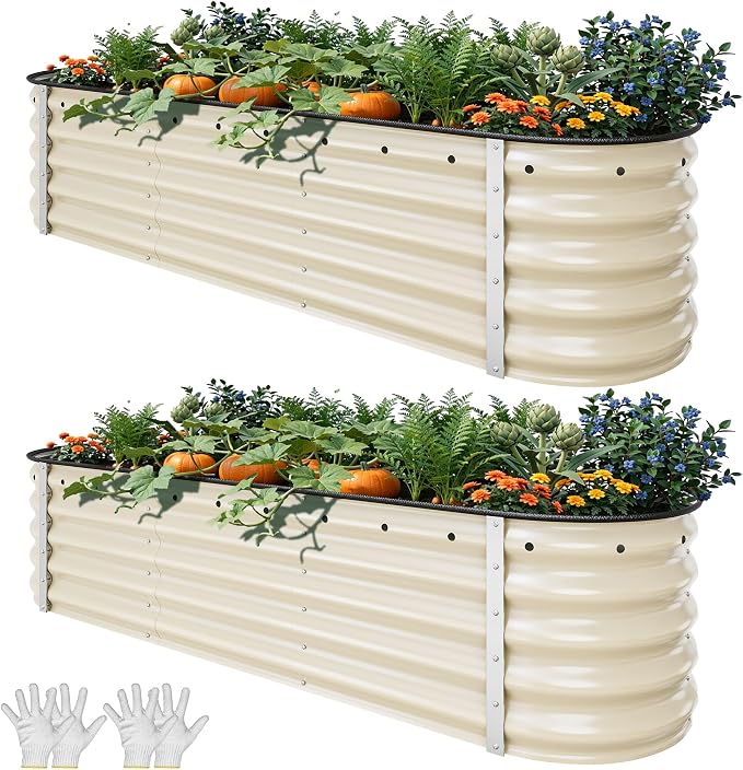 YITAHOME 2pcs 6.5x2x1.5ft Large Raised Garden Bed Kit, Galvanized Metal Planter Box with Gloves & Safety Rubber, Outdoor Above Ground Planters for Plants Vegetables Flowers, Cream Yellow