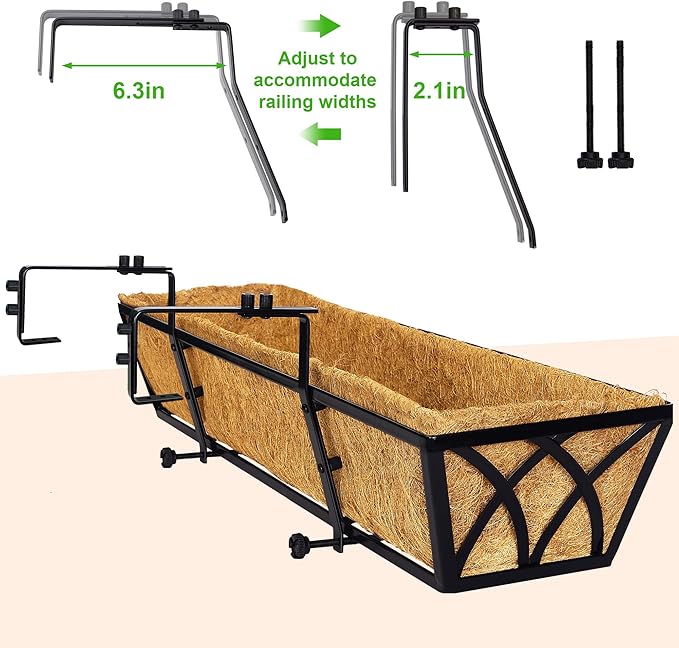Y&M 2 Pack Hanging Railing Planter Boxes, 30 Inch Adjustable Balcony & Deck Planter, Heavy Duty Metal Flower Box for Porch, Fence & Window, Outdoor Plant Holder