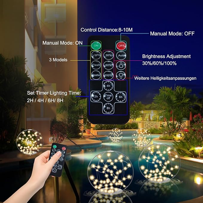 Solar Floating Pool Light, 14.5” LED Inflatable Glow Orb with Remote Control, Warm 3000K Light, Dimmable, Auto Dusk-to-Dawn, IP68 Waterproof, 3 Lighting Effects for Pool, Garden & Outdoor Use