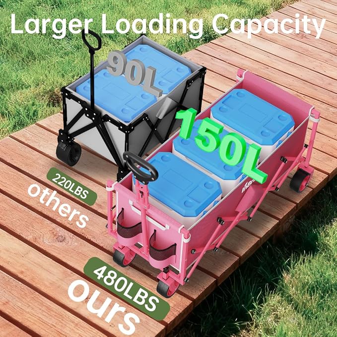 Extra Long Collapsible Wagon Cart, 480LBS Heavy Duty Utility Wagons with All-Terrain Wheels, Foldable Grocery Carts for Gardening, Shopping, Beach, Camping, Rose Pink