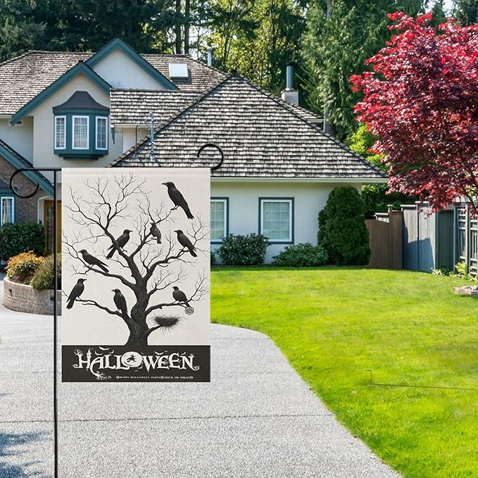 Halloween Black Raven House Flag 28x40 Inch Double Sided Outside Witch Bat Spooky Seasonal Yard Outdoor Flag Banner for Garden Lawn Patio Holiday Decorations