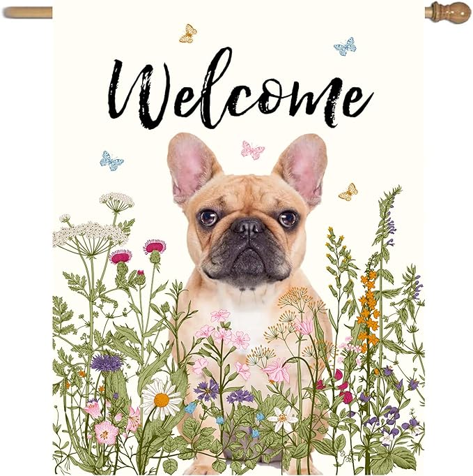 Floral French Bulldog Garden Flag Spring Summer House Flags 28 x 40 Double Sided Flower Dog Yard Flags for Outside Large Outdoor Welcome Flags