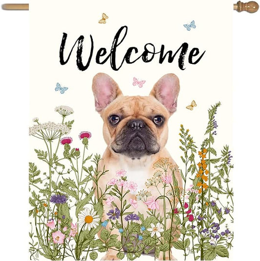 Floral French Bulldog Garden Flag Spring Summer House Flags 28 x 40 Double Sided Flower Dog Yard Flags for Outside Large Outdoor Welcome Flags