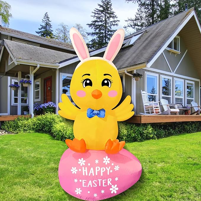 Easter Inflatable Chick On Egg Happy Easter Blow up Outdoor Decoration with LED Lights, Yard Garden Lawn Outdoor Decoration Front Door Holiday Decor (5Ft Chick Sits on Egg)
