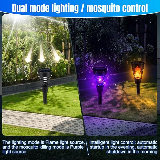 Qualirey 12 Pack Solar Bug Zapper & Mosquito Killer Outdoor Waterproof Cone-Shaped LED Light Mosquito Repellent for Patio, Garden, Yard, Camping - Hanging/Insertion Design (Flame & Purple Light)