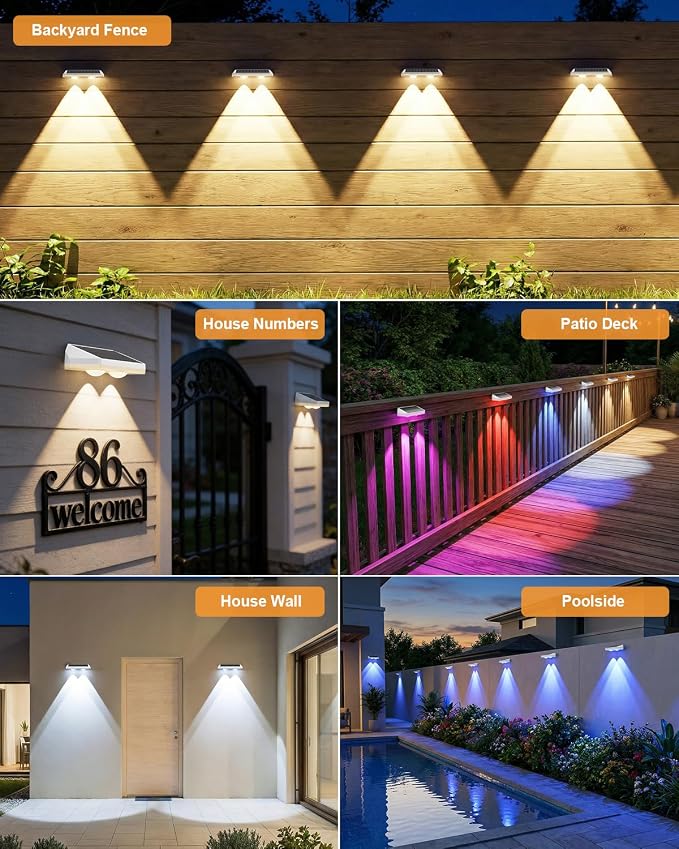 Solar Fence Lights Outdoor ,3000/4500/6000K 13 Mode, 2 Pack Fence Lights Solar Powered with Ultra-Bright Lens IP65 Waterproof,Solar Wall Light for Backyard/Step/Patio/Deck/Stair/Railings(White)