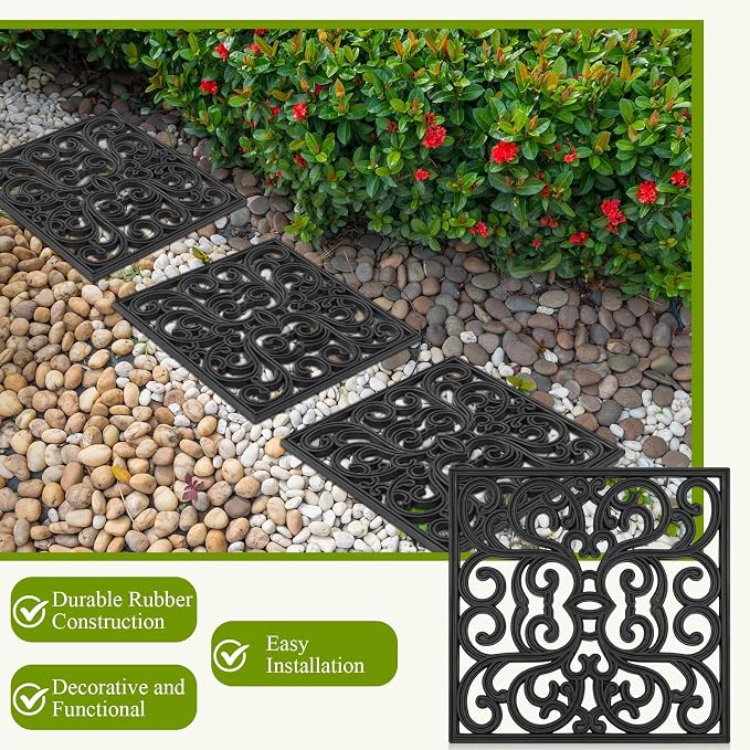 Pangda 16 Pcs Rubber Stepping Stones Outdoor Garden Walkway, 12 x 12 Inch Heavy Duty Pathway Pavers Retro Decorative Stepping Stones for Outside Landscaping Yard Lawn Path (Scroll Square,Black)