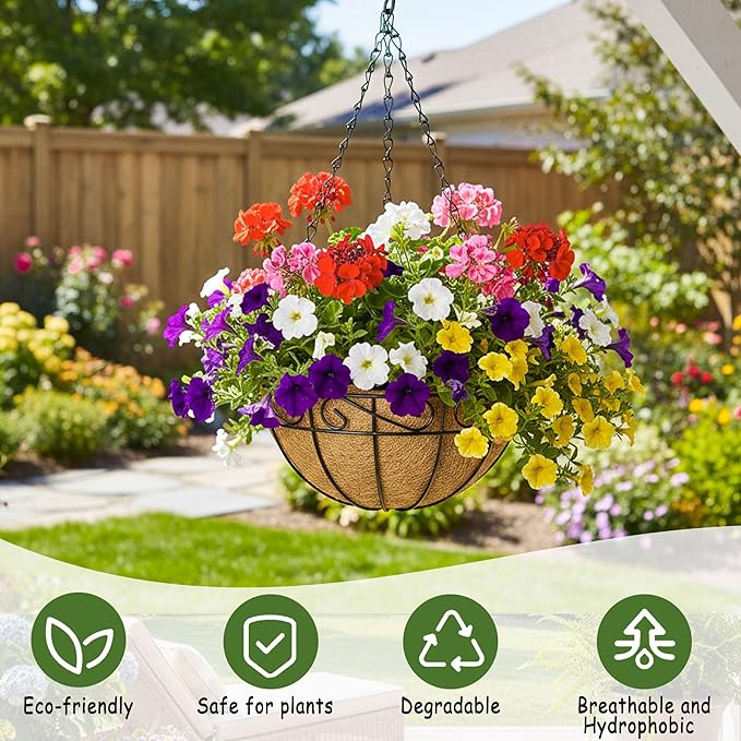 14 Inch Hanging Planters (4 Pack) - Round Metal Baskets with Cocoa Liners for Indoor/Outdoor Gardens, Porch & Patio Decor（HB）