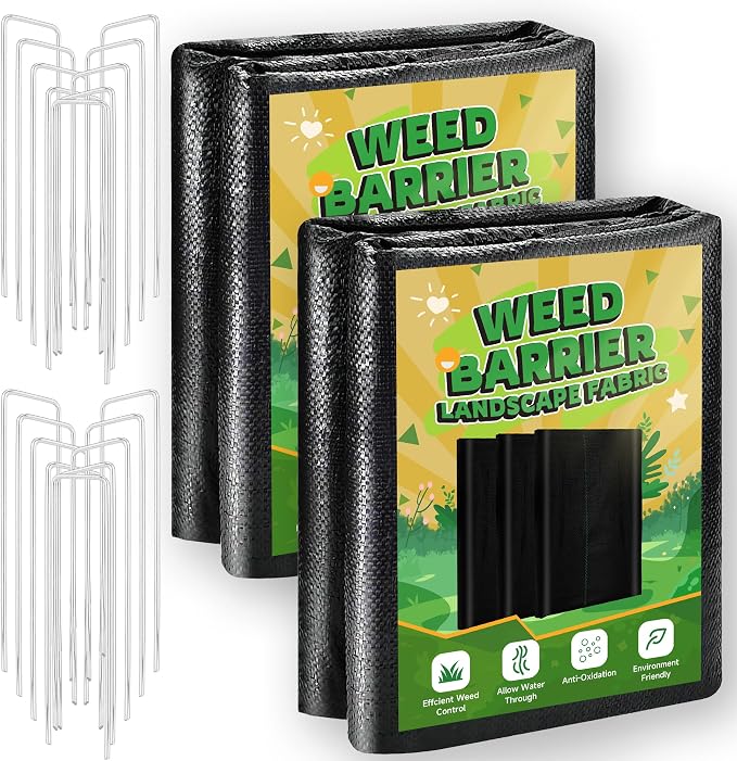 2FT x 100FT Weed Barrier Landscape Fabric Heavy Duty, 3.2oz Premium Gardening Weed Control Mat with 10 U-Shaped Securing Pegs, Ground Cover for Garden Beds, Farming, Underlayment, Commercial Driveway