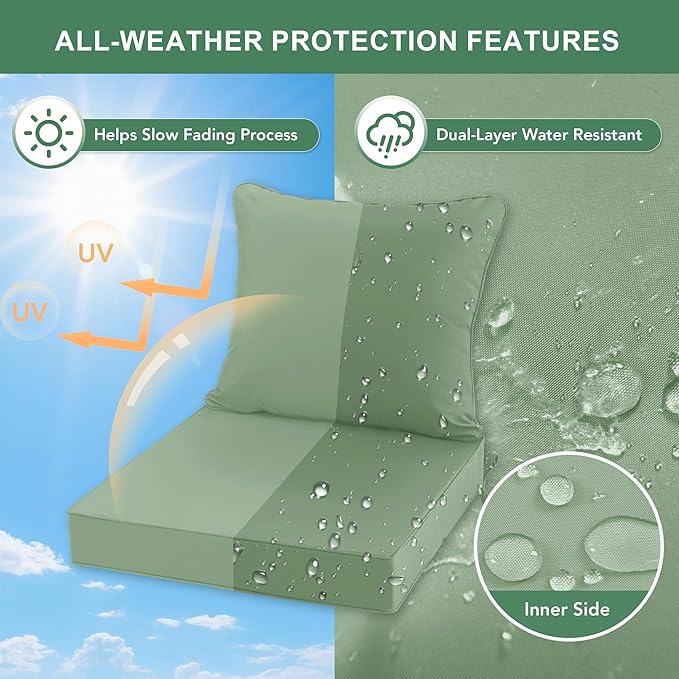 Summsun Waterproof Outdoor Patio Cushions with Removable Cover, Fade Resistant Back Pillow and Seat Cushion Set for Yard Porch Garden, 19 x 19 Inch, Sage Green, Set of 2