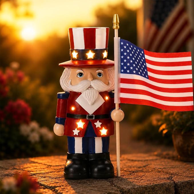 Nacome Solar Nutcracker Soldier Garden Statue: American Flag Figurine for Patriotic Outdoor Lawn Porch Patio Yard Decorations - Gifts for Mom Grandma Women
