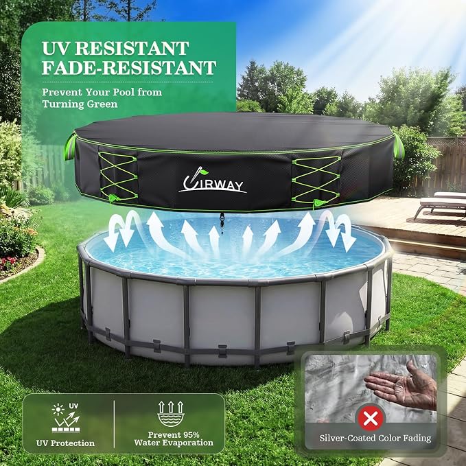 Uirway 600D Upgraded 16ft Pool Cover for Above Ground Pool, Tear Resistant Solar Pool Cover with Windproof Ratchet Locking System, Weatherproof Hard Pool Covers UV Protection, with Anti-Slip Straps
