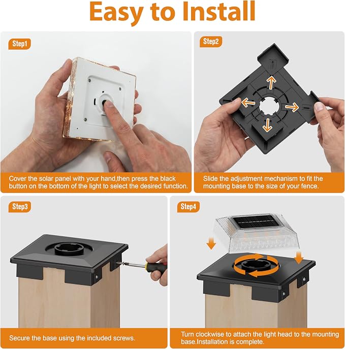 APONUO Solar Post Cap Lights, 3 Color Modes & 2 Brightness, Adjustable Base Fits 4x4 5x5 6x6 Posts (3.5-5.5 Inch), IP65 Waterproof, Deck & Fence Post Lights Solar Powered with Screws, Black, 6 Pack