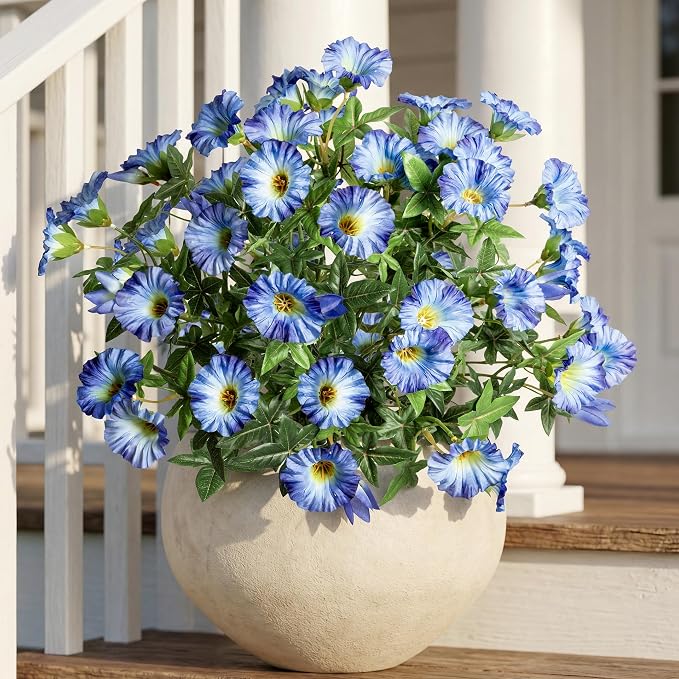 Blue Artificial Morning Glory Flowers for Outdoor Planters, Premium UV Resistant Silk Faux Flowers for Porch, Hanging Basket & Window Box, Lifelike Floral Arrangement, No Pot 13.3“ 4 Bundles