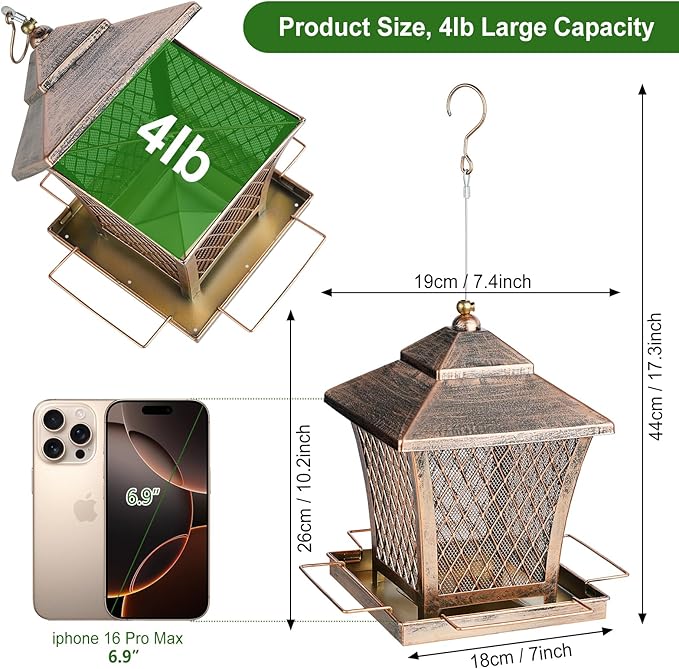 MYITYARD Bird Feeder for Outdoors Hanging, 4 lbs Large Capacity Metal Wild Bird Feeders, Vintage Bronze Finish Rust-Resistant Birdfeeder for Garden Yard Balcony Decor