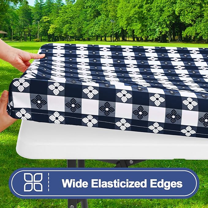 Smiry Picnic Table Cover with Bench Covers, Waterproof Elastic Fitted Tablecloth for 5 Foot Tables, Washable Polyester Tablecloths for Camping & Indoor (Dark Blue & White, 30x72 Inch 3-pc Set)