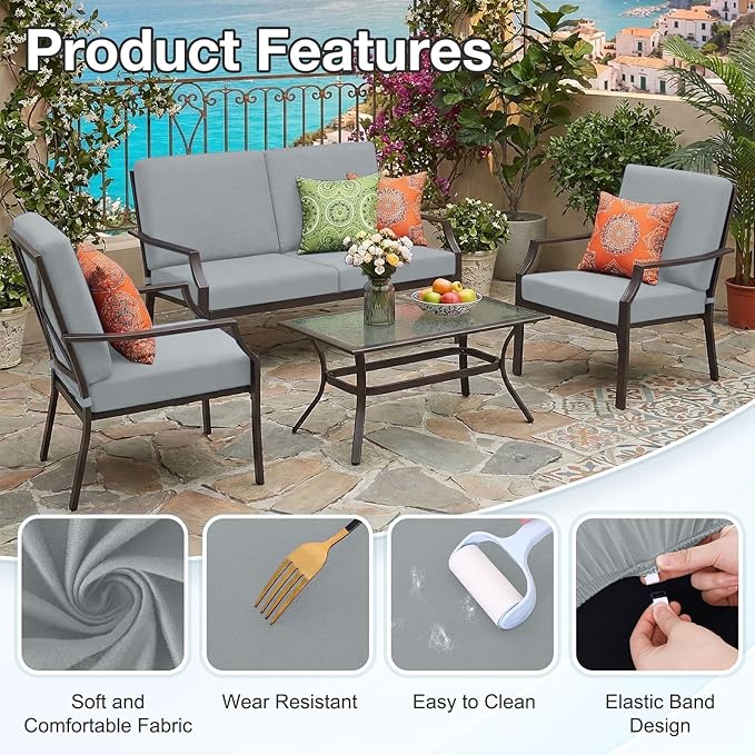 hyha Waterproof Outdoor Cushion Covers for Patio Furniture, Stretch Patio Chair Cushion Slipcovers, Coated UV Resistant Replacement Seat Covers, Solid Color (Grey, 4PC)