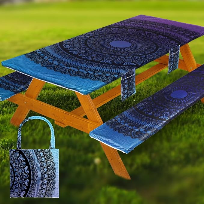 Picnic Table Cover with Bench Covers Vinyl Elastic Edges Fitted Rectangle Seat Tables Waterproof 3-Piece72X30in Set Outdoor Rectangular Folding Backing Tablecloth for Camping Over Size