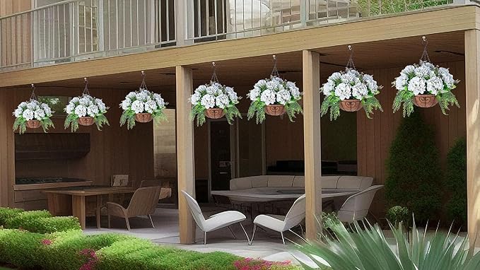 Ammyoo Artificial Flowers in Hanging Basket Planter for Home Spring Summer Decoration, Silk Hydrangea Outdoor Indoor Arrangements, 12" Metal Coconut Lining Basket with Faux Plant(Light Green)