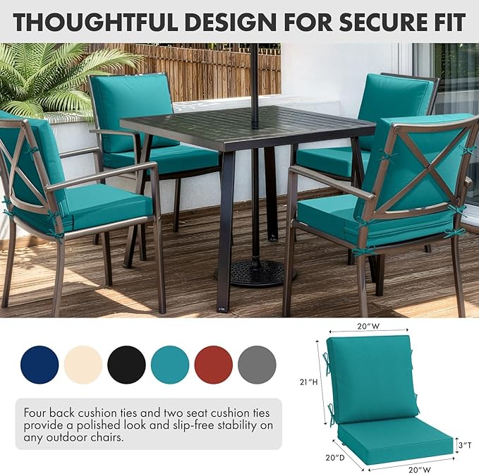 MIULEE Turquoise Outdoor Dining Cushion 20x20 Inch Waterproof & 3 Year Color Fastness Deep Seat and Back Cushion for Patio Furniture Chair with Ties