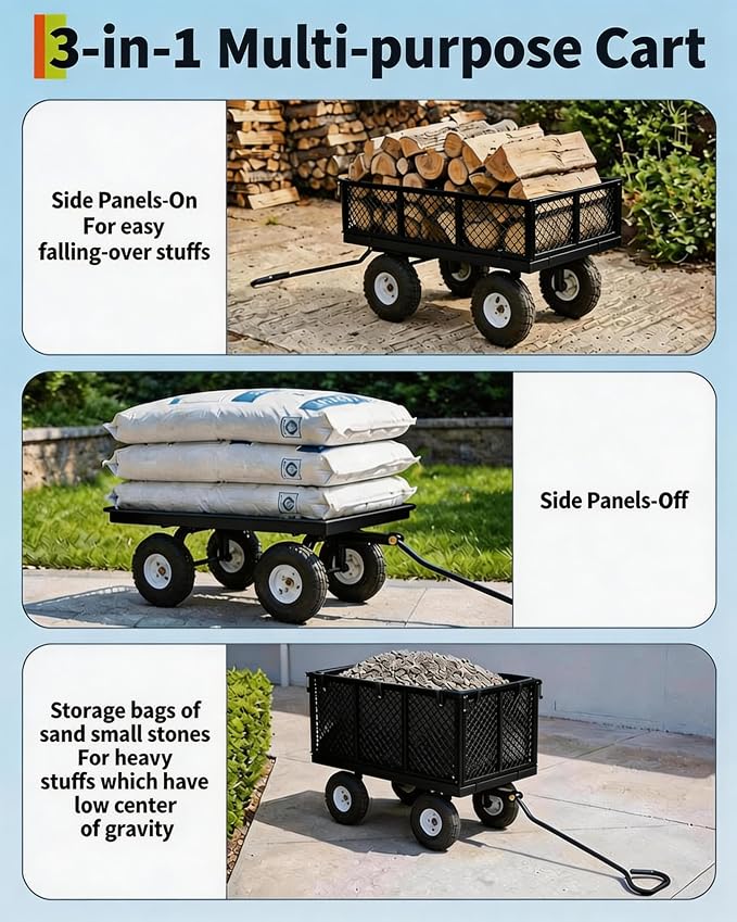 GarveeTech 800LBS Heavy Duty Steel Garden Cart, Garden Wagon Cart on Wheels, Metal Yard Utility Wagon with Removable Mesh Sides, 10" All Terrain Tires, 180° Rotating Handle for Lawn, Garden, Farm