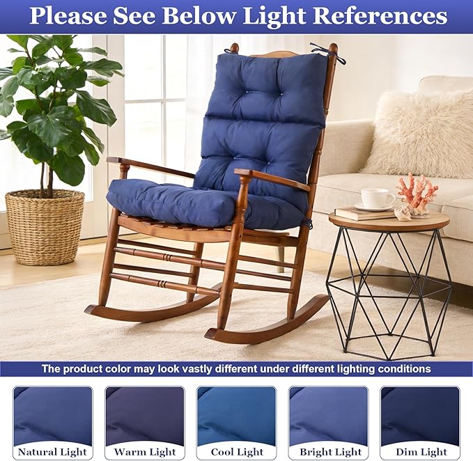 Rocking Chair Cushion, Waterproof and Fade-Resistant Adirondack Rocker Cushions, Indoor/Outdoor Rocking Chair Pads, High Back Memory Foam Patio Furniture Cushions with Ties, 44x23x4 Inch, Navy Blue