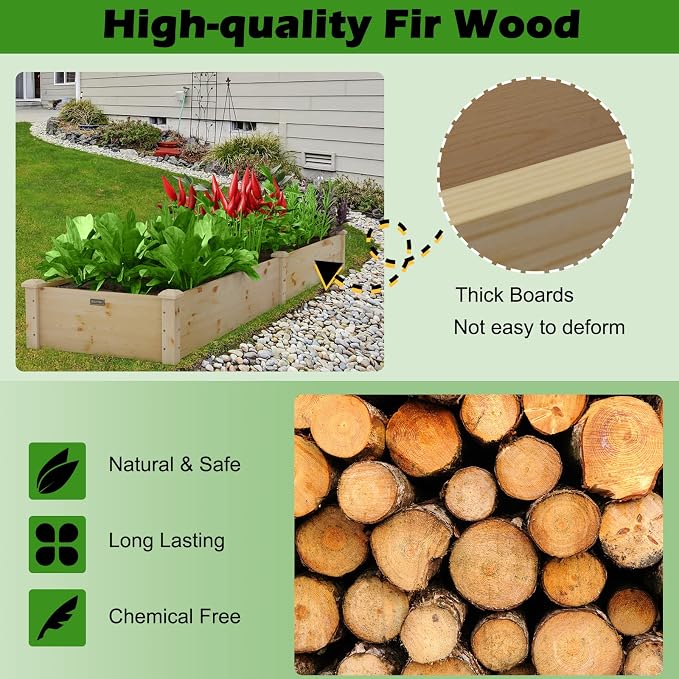 Giantex Raised Garden Bed, 95" Lx24 Wx10 H Outdoor Wood Planter Box for Vegetables Flowers Herbs Fruits, Easy-Assembly Wooden Planter Raised Bed for Backyard Garden Lawn