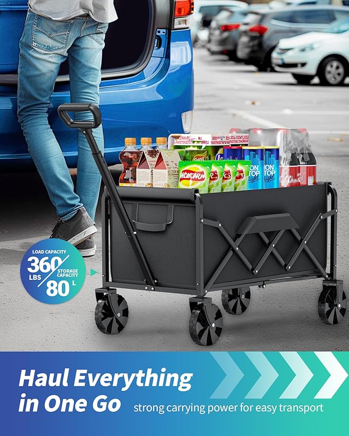 Kitsure Collapsible Wagon with Wheels, Foldable Dog Wagon Carts with 200lbs Load Capacity, Utility Shopping Cart, Black, 28.0" x 17.0" x 36.0"