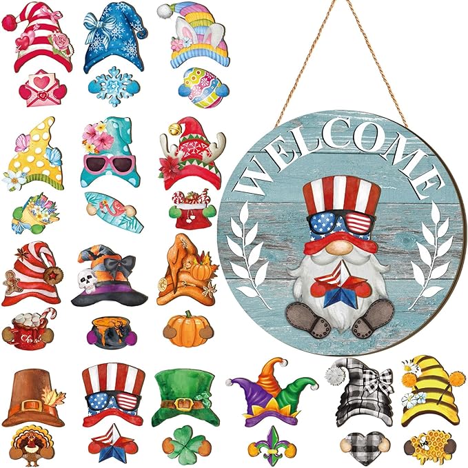 Qunclay Interchangeable Wooden Gnome Decor Holiday Seasonal Gnome Decorations with Magnet Pieces and Detachable Hats Changeable Welcome Sign for Home(Blue)