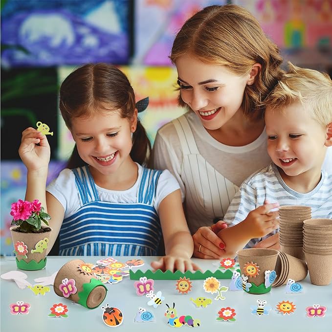 Ayfjovs 80 Pack Garden Paper Pot Craft Kit, Spring Crafts for Kids Bulk-80 Pack Paper Peat Pots with 300PCS Adhesive Foam Stickers and 80pcs Labels for Kids Science, Garden Gift, Classroom Decoration