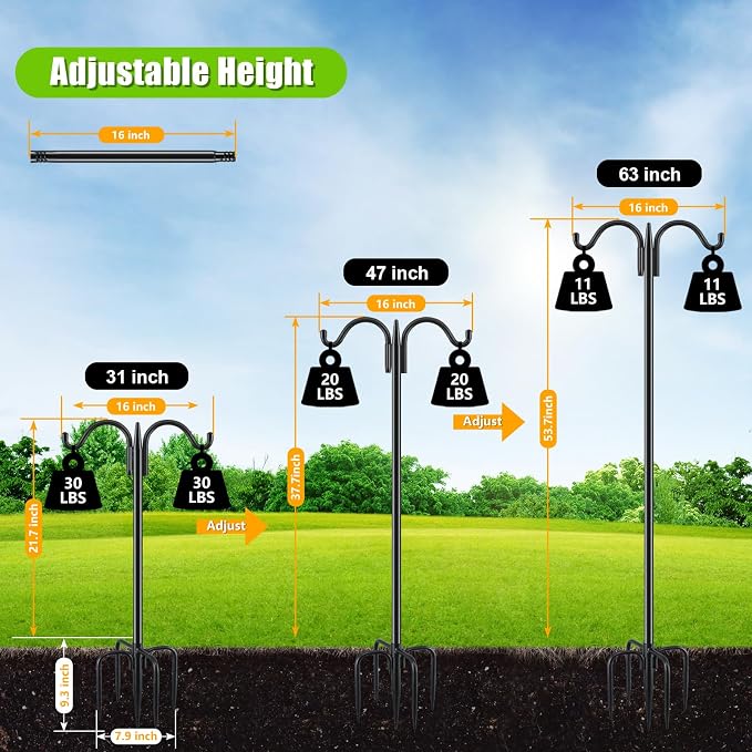 Gtongoko Bird Feeder Pole for Outdoors Heavy Duty, 2 Pack 63 Inch Double Shepherds Hook with 5-Prong Stable Base, 5/8 Inch Thick Hummingbird Feeder Stand for Hanging Plants, Lanterns