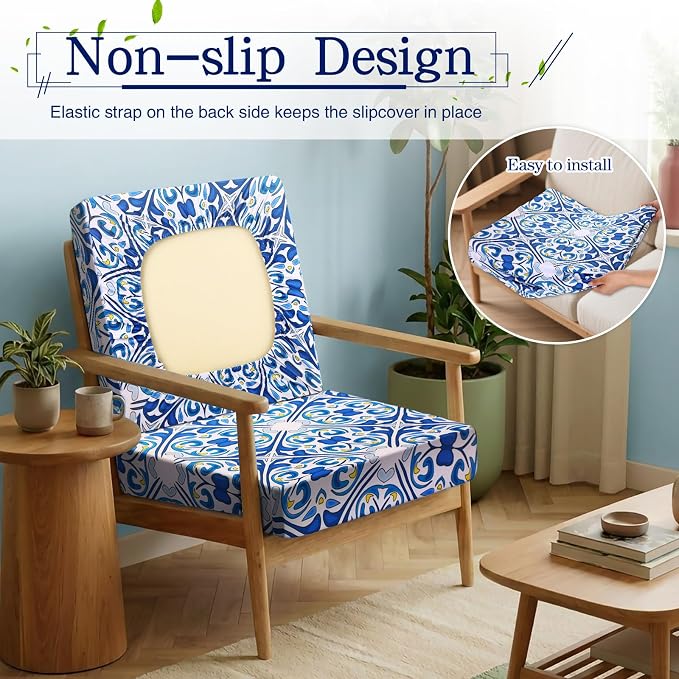 Newwiee 12 Pcs Patio Cushion Covers Outdoor Stretch Sofa Couch Cover Replacement Couch Slipcover Sofa Seat Chair Porch Patio Furniture Protector, Flexibility Washable(Blue Series,Retro)
