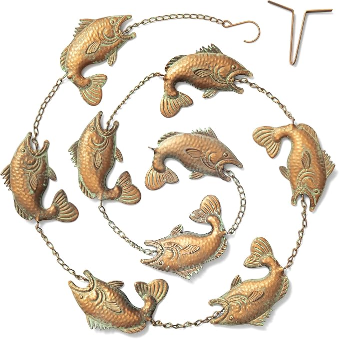 Glitzhome 8.5ft Rain Chain for Gutters 9-Piece Faux Copper Patina Finish Fish Shaped Catcher Replacement for Downpout