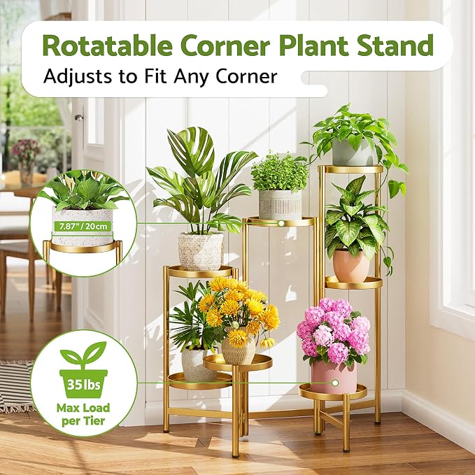 Stand Plants Gold, 7 Tiered Corner Plant Stand Indoor Outdoor, Tall Folding Rack with Rust Proof 7.9 Inch Wide Tray, Heavy Duty Flower Shelf for Multiple Plants for Patio - GoldDisk