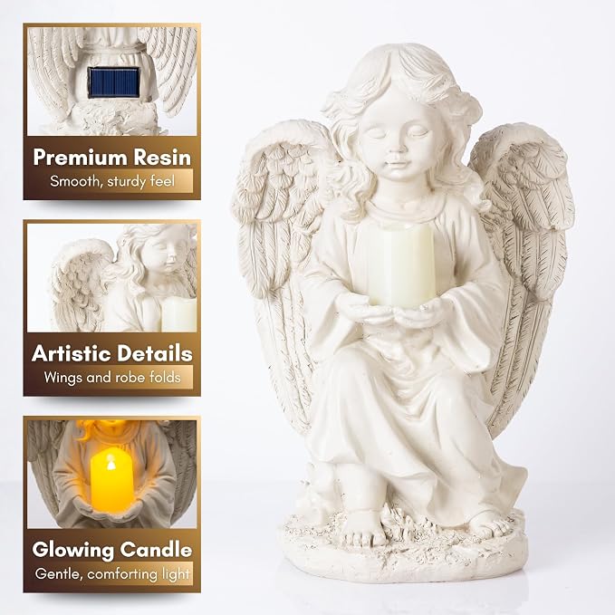 TIALLY Solar Angel Garden Statue with Glowing Candle – Large Angel Figurines with Soft Glow, Weatherproof Outdoor Statues for Memorial Decor, Yard, Lawn or Cemetery Use, Angels Gifts for Women