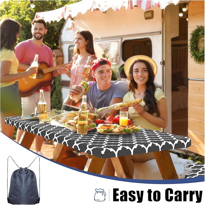 Smiry Picnic Table Cover with Bench Covers, Waterproof Elastic Fitted Tablecloth for 6 Foot Tables, Washable Polyester Tablecloths for Camping, Indoor & Outdoor (Dark Grey, 30x72 Inch 3-pc Set)