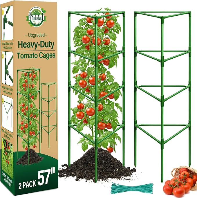 Halatool 57 Inch Tall Tomato Cages, 2 Pack Heavy Duty Metal Plant Supports Stakes for Garden, Adjustable Foldable Steel Trellis for Climbing Plants Cucumbers Peppers Cherry Flowers Vegetables Fruits