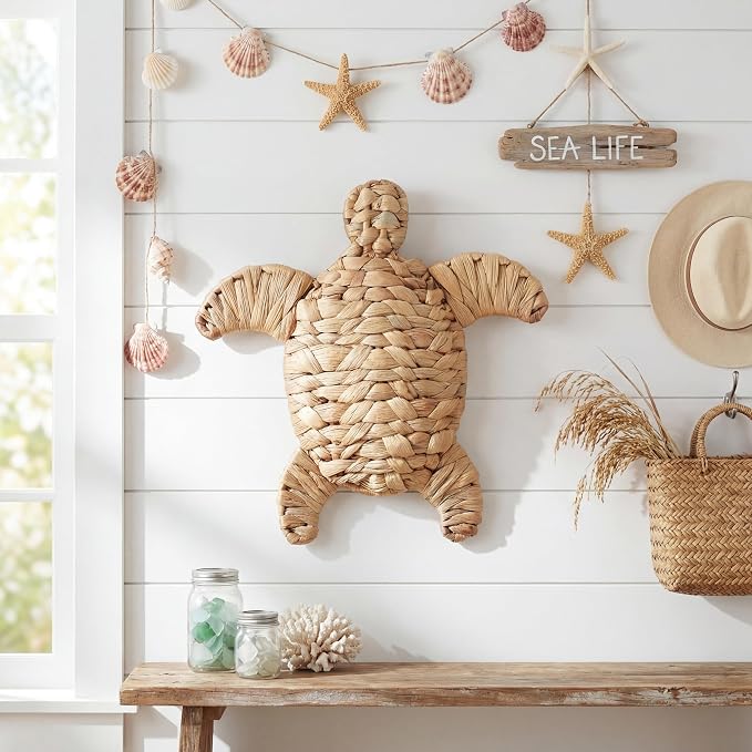 Threehoney Sea Turtle Beach Theme Decor 9.84 Inch Handmade Wicker Turtle Wall Decor Sea Life Hanging Wall Art Coastal Nautical Sculpture Table Decoration for Boho Bathroom Indoor Outdoor Ornament